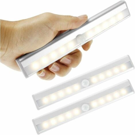 Set of 3 LED Motion Sensor Lights Indoor Wardrobe Light 10 LEDs Wireless Spotlight, LED Closet Lamp Battery Powered LED Lighting with Magnetic Strip, Children's Night Light Stairs Corridor (Warm)