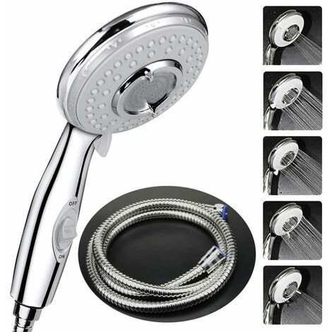 Shower Head with Hose (2m) Universal, Shower Heads with on/Off Switch 5 Mode Functions, High Pressure Self Cleaning Never Clog,Handheld Shower Head and Metal Hose Set for Bath Taps- Chrome