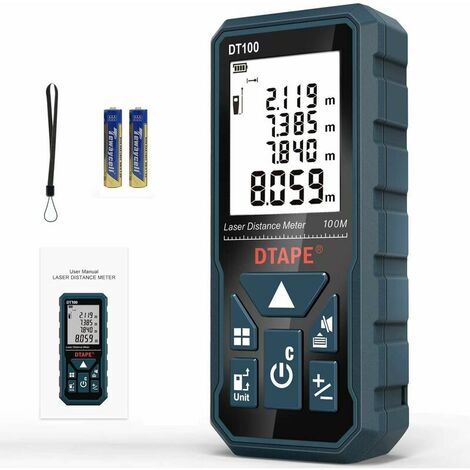 Laser Distance Meter 100m,DT100 Portable Handle Digital Laser Measure Tool Range Finder Larger Backlit LCD 4 Line Display IP54 Shockproof Battery Included (1/5)