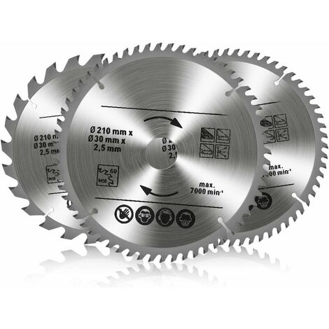 Set of 3 Tungsten Carbide Circular Saw Blades, 24T 48T 60T TCT Sah for Wood Metal and Aluminum (210 x 30 mm) (1/5)