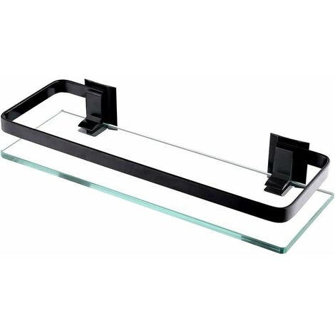Bathroom Glass Shelf Aluminum Black Shower Shelf Extra Thick Tempered Glass Rectangular 1 Tier Basket Wall Mounted