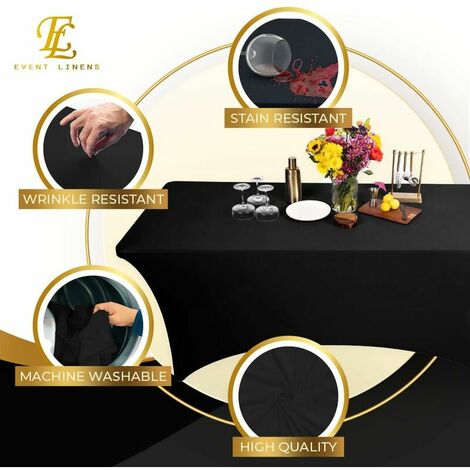 6ft Tablecloth Rectangular Spandex Linen - Black Table Cloth Table Cover for 6 Foot Folding Table, Wedding Party, Beauty Event Decoration, Kitchen