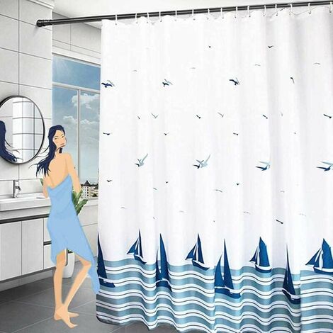 Waterproof Shower Curtain 180x200,Made of Heavyweight Textile Washable Fabric Polyester, Mildew Proof Shower Curtains with ABS Shower Curtain Rings for Bathtub and Bathroom (Blue) (1/5)