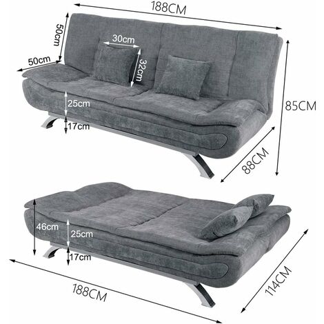 Sofa Bed Double Grey Linen Fabric 3 Seater Recliner Sofa 188cm Spring Corner Couch Lounge Sofa Bed with Two Cushions for Living Room Bedroom Home Office Furniture (Grey)