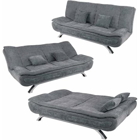 Sofa Bed Double Grey Linen Fabric 3 Seater Recliner Sofa 188cm Spring Corner Couch Lounge Sofa Bed with Two Cushions for Living Room Bedroom Home Office Furniture (Grey)