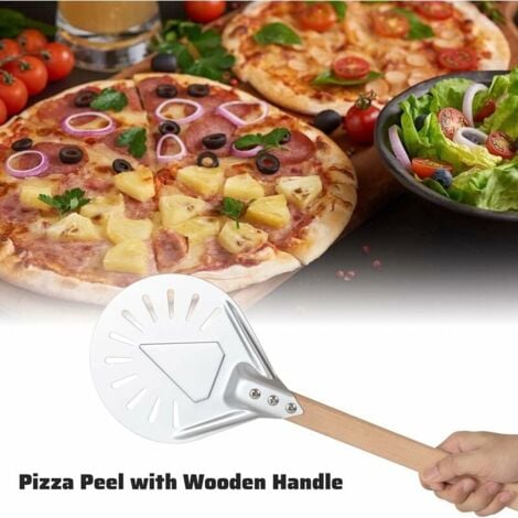 7 Inch Round Pizza Peel, Perforated Pizza Peel with Long Removable Wooden Handle, Made of Aluminum and Non-Slip Handle