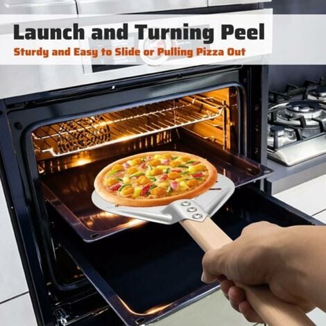 7 Inch Round Pizza Peel, Perforated Pizza Peel with Long Removable Wooden Handle, Made of Aluminum and Non-Slip Handle