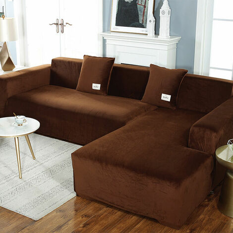 Corner Sofa Cover with Armrests Sofa Cover Stretch L-Shaped Protective Sofa (L-Shaped Corner Sofa, Please Buy Two Pieces)-Curry Double 145-185cm