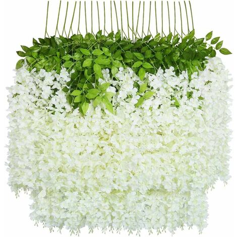 Artificial Flowers, 24pcs Artificial Fake Wisteria Vine Hanging Silk Flowers Home Wedding Party Decor (24pcs, 110cm / Each Strand, White) (1/5)