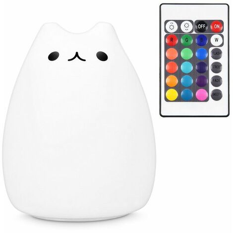 LED Night Light Cat Design - Remote Control Micro USB Cable - Pretty RGB Color Changing Kids Bedside Lamp - Kitten Snooze Light White (1/5)