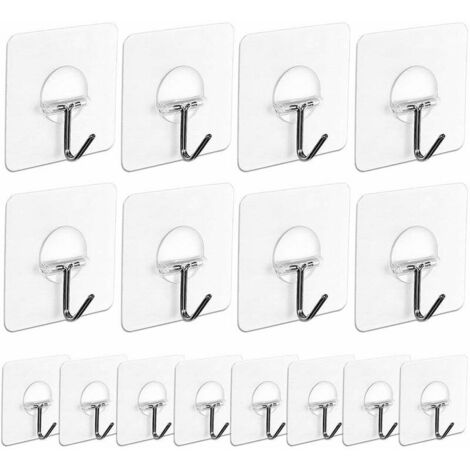 Clear Adhesive Wall Hooks (7.2cm x 7.2cm) for Home Bathroom, Kitchen, Door co.ukom Wall to Ceiling, 22pound / 10kg - Set of 16 (1/5)