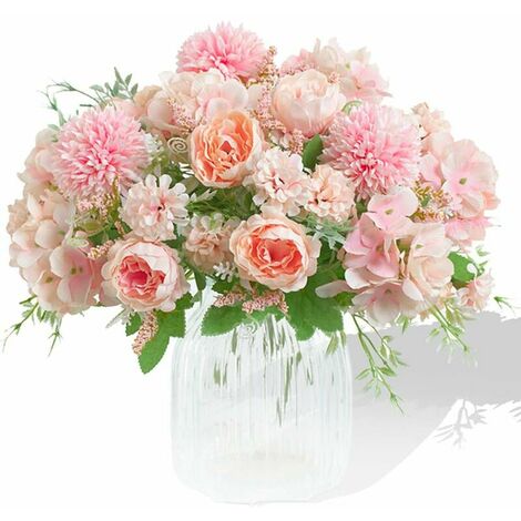 Artificial Flowers, 2 Pack Fake Peony Silk Light Pink Hydrangea Bouquet Decor Plastic Carnations Daisy Realistic Flower Arrangements Wedding Decoration Table Centerpieces, for Home Office Party Decor (1/5)