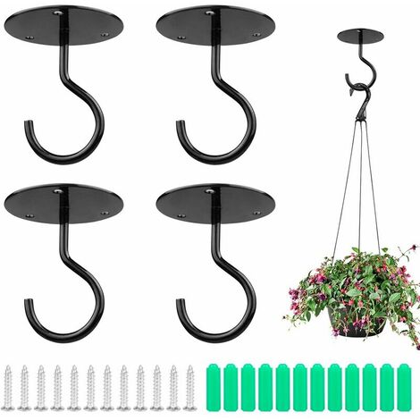 4 Piece Wall Hooks Metal Plant Wall Ceiling Hooks Loot Hooks Heavy Duty Ceiling Hangers with Screws for Hanging Plant Baskets, Wind Chimes, Lanterns, Outdoor Decorations Black (1/5)