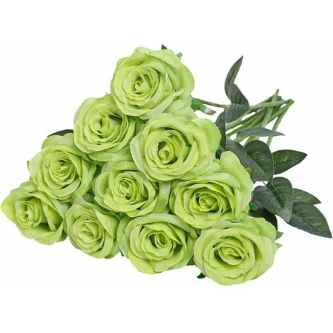 Artificial Silk Rose Flowers Single Stem Realistic Fake Rose for Wedding Bouquet Flower Arrangements Decoration, 10pcs (Green) (1/5)