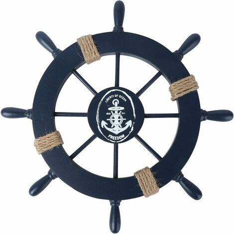 Mediterranean Ship Wheel Decorative Nautical Beach Wooden Boat Ship Wheel Helm Home Wall Party Decoration (Dark Blue) (1/5)
