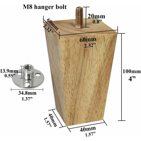 4 Piece Wooden Furniture Legs - Sofa Legs - M8 Screw Bolts (10cm)