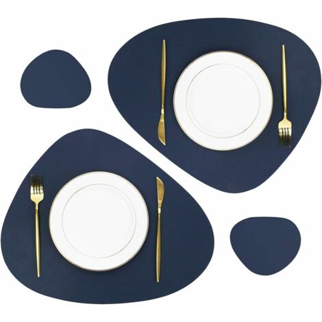 Set of 4 Oval PU Leather Placemats and Coasters, 38 x 45 cm Washable Non-slip Washable for Dining Room (Dark Blue 2 Placemats +2 Coasters)