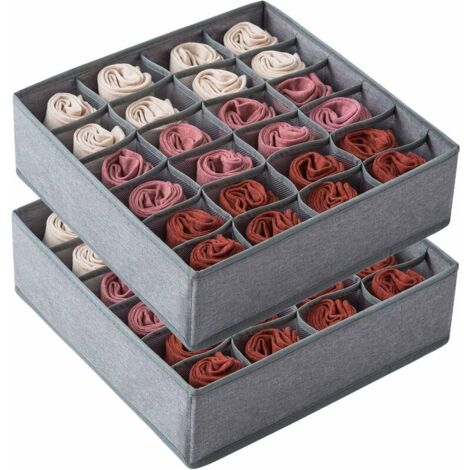 2 Pack Socks Underwear Drawer Organizer Divider, 24 Cell or 16 Cell Collapsible Cabinet Closet Organizer Storage Boxes for Clothes, Socks, Lingerie, Underwear, Ties (24 Cell, Gray)