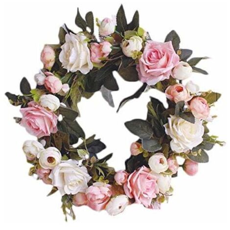 Decorative Garland Wall Garland Handmade Garland for Exterior Door Pink Vine Flower Garland Artificial Decorative Flower Wreath (Pink Rose, Diameter 35cm)