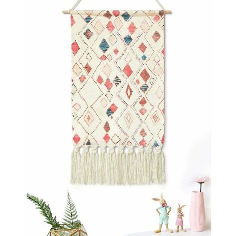 Woven Macrame Boho Wall Tapestry, Boho Chic Wall Decor, Handmade Bohemian Geometric Rhombus Tapestry Wall Art Decor for Dorm Home Apartment Bedroom Decor, 15.7 '' l x 23.62 '' l