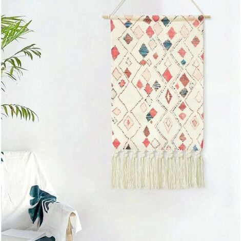 Woven Macrame Boho Wall Tapestry, Boho Chic Wall Decor, Handmade Bohemian Geometric Rhombus Tapestry Wall Art Decor for Dorm Home Apartment Bedroom Decor, 15.7 '' l x 23.62 '' l