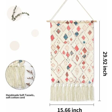 Woven Macrame Boho Wall Tapestry, Boho Chic Wall Decor, Handmade Bohemian Geometric Rhombus Tapestry Wall Art Decor for Dorm Home Apartment Bedroom Decor, 15.7 '' l x 23.62 '' l