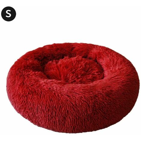 50cm Round Dog and Cat Basket Soft and Comfortable Plush Donut Cat Warm Fluffy Puppy Bed for Winter Sleeping - wine red