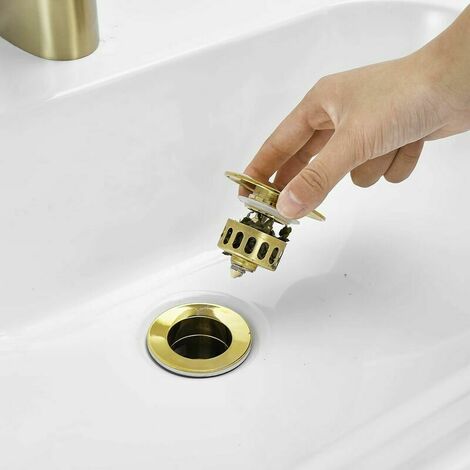 Gold Pop Up Sink Drain Without Overflow, Drain Plug with Strainer Basket, Waste Drain for Bathroom Sink Brass