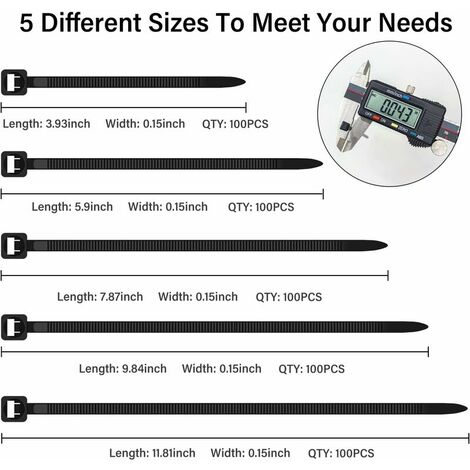 700 Pack Cable Ties Assorted Sizes 100/150/200/250/300 Black Cable - View #3