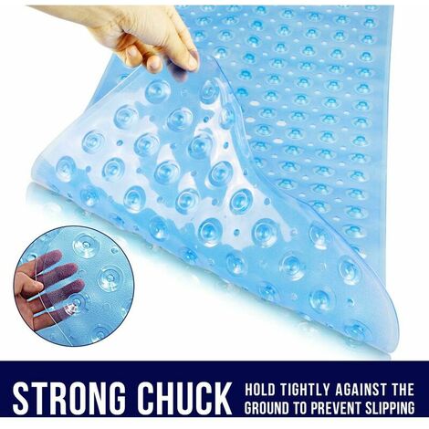 Shower Mat 100 x 40 cm, Non-Slip Bathtub with Suction Cup, No Chemical Smell or Safe PVC Bath Mat, Extra Long, Machine Washable (Blue)