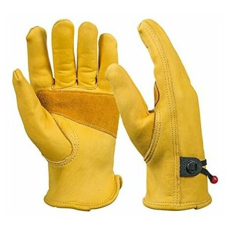 Pair of leather work gloves for men - with ball wrist tightening and adhesive tape - cowhide fiber, yellow, lb (1/5)