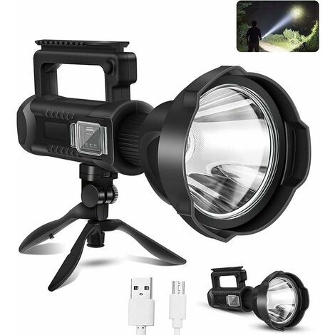 Rechargeable Spotlight Torch High Lumen, 100000 Lumen Super Bright LED Searchlight with Tripod and USB Output and Input, IPX5 Waterproof 4 Mode Handheld Spotlight for Camping Emergency (1/5)