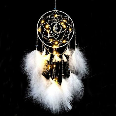 Dream Catcher with LED Light, Handmade Dream Catcher with Feathers, Romantic Girl's Room Decor, for Wall Decor Craft Decorations (White) (1/5)