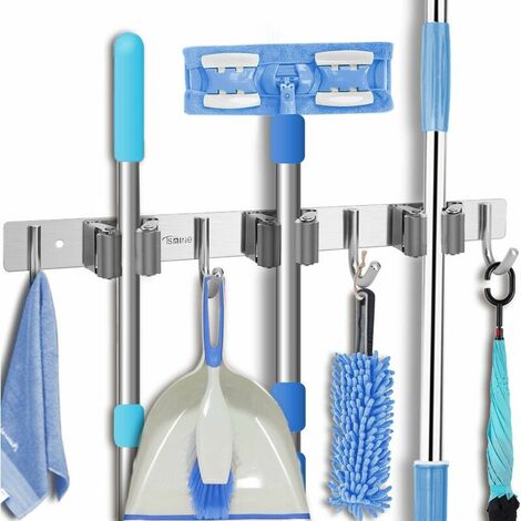 Stainless Steel Mop Holder Control Broom Holder Garden Tool Tape Wall Holder Tool Storage for Home, Kitchen, Bath, Garage (3 Quick Releases, 4 Hooks), Gray (1/5)