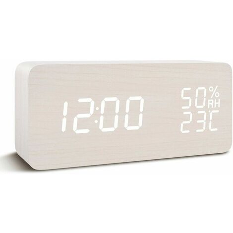 Digital clock, alarm clock with wooden LED electronic time display, double temperature and humidity detection, ideal for bedroom, children at night