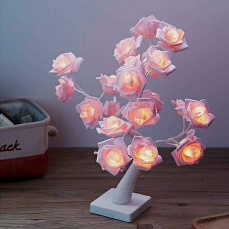 LED Rose Tree Light with 24 Rose Petals LED Bead for Christmas Home Decor Party Touch Switch Small LED Trees Pink