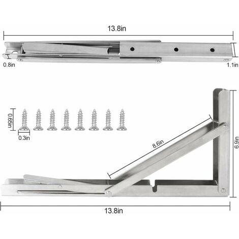 Folding Bracket Shelf Brackets, Set of 2 Pcs Stainless Steel Folding Shelf Bracket, Wall Folding Bracket - Retractable Bracket with Screws - 350mm x 175mm - (14 Inch) Silver