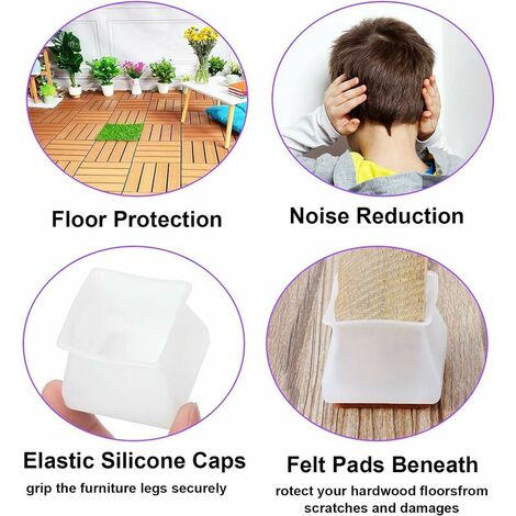 32 pieces of square silicone chair leg floor protection pad with felt pad non-slip furniture leg caps to prevent scratches and noise, suitable for chair legs 30-45 mm (white)