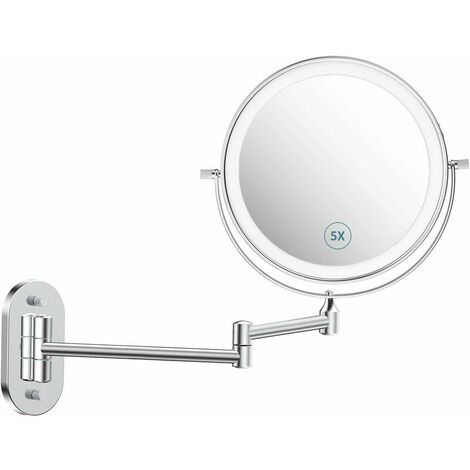 Wall Mounted Makeup Mirror with 3 Color Modes, USB Rechargeable, 5X Magnifying LED Mirror, Upgrade 0.5h Auto Off LED Bathroom Mirror, 360Swivel and Extendable, Idea Gift Choice (1/6)