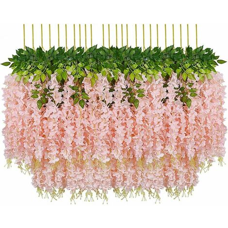 Artificial Flowers, 24pcs Artificial Fake Wisteria Vine Hanging Silk Flowers Home Wedding Party Decor (24pcs, 110cm / Each Strand, Pink Flesh) (1/5)