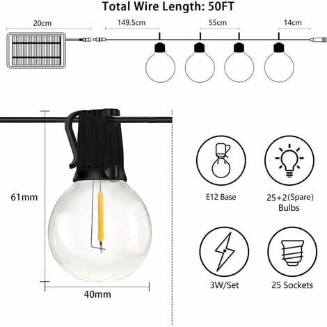 25FT Outdoor LED String Lights Solar Powered, Waterproof G40 LED Bulb String Indoor/Outdoor Patio Lights, LED Bulbs for Home, Terrace, Party, Christmas, Wedding [Energy Class A+]