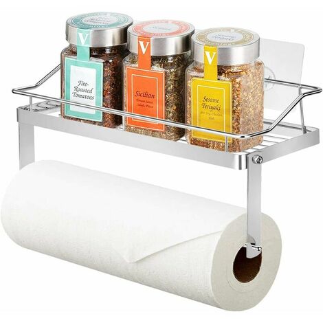 Kitchen roll holder Toilet roll holder with shelf Wallpaper roll holder for kitchen, toilet, bathroom, sticker without drilling, in stainless steel (holder with shelf)