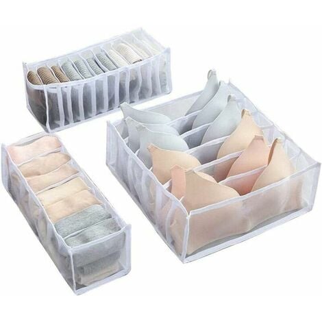 Underwear Drawer Organiser Foldable Clothes Drawer Organisers High Capacity Nylon Underwear Storage Box with 6 7 11 lattice Compartments for underwear Socks Neckties Scarves Handkerchiefs (White)