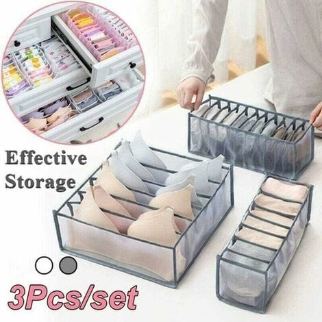 Underwear Drawer Organiser Foldable Clothes Drawer Organisers High Capacity Nylon Underwear Storage Box with 6 7 11 lattice Compartments for underwear Socks Neckties Scarves Handkerchiefs (White)