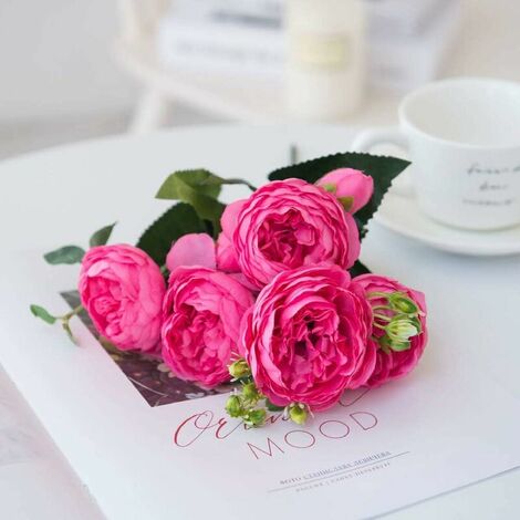 Artificial Flowers, 2 Pack Fake Peony Bouquet Realistic Faux Silk Flowers Table Decorative Arrangements for Home Party Office Wedding (Rose red) (1/5)