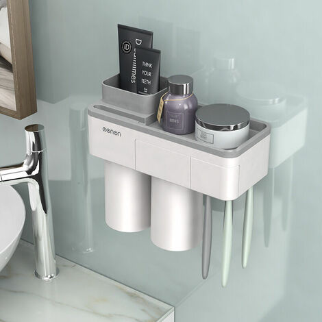Squeezer Automatic Toothpaste Dispenser and Toothbrush Holder, Space-Saving Toothbrush Wall Organizer with Dust Cover, 2 Magnetic Cups
