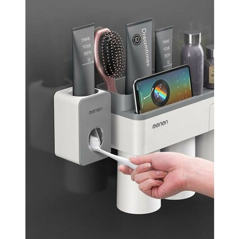 Squeezer Automatic Toothpaste Dispenser and Toothbrush Holder, Space-Saving Toothbrush Wall Organizer with Dust Cover, 2 Magnetic Cups