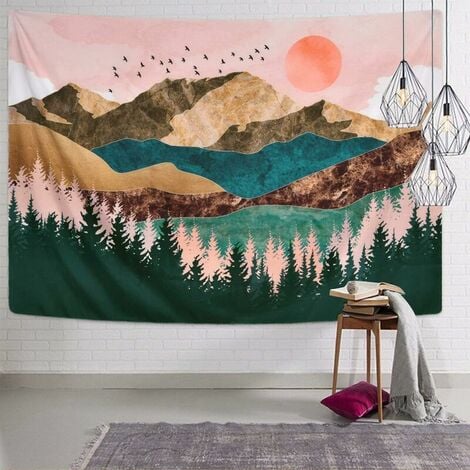 Decorative Indoor Tapestry Mountain Forest Tree Tapestry Sunset Tapestry Nature Landscape Tapestry Wall Hanging for Bedroom - 59.1 "x 59.1"