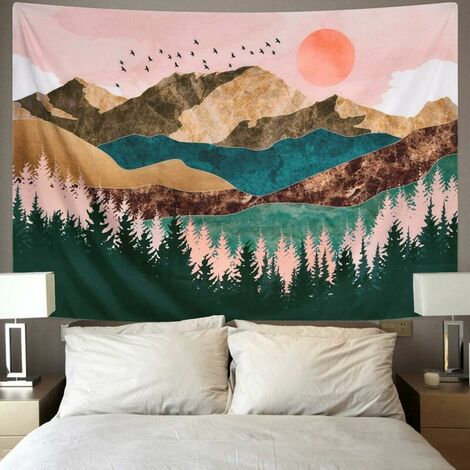 Decorative Indoor Tapestry Mountain Forest Tree Tapestry Sunset Tapestry Nature Landscape Tapestry Wall Hanging for Bedroom - 59.1 "x 59.1"