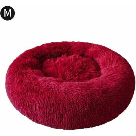 60cm Round Dog and Cat Basket Soft Comfortable Plush Donut Cat Warm Fluffy Puppy Bed for Winter Sleeping - wine red (1/5)